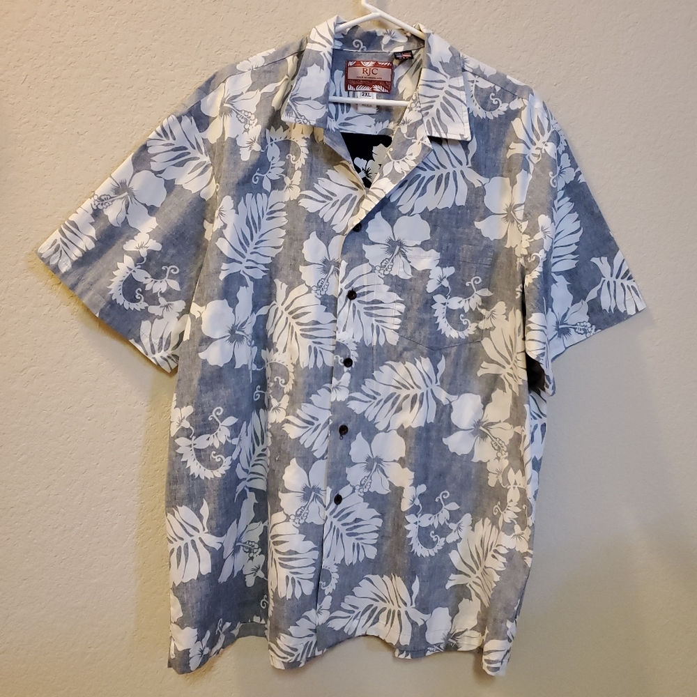 RJC Mens Hawaiian Shirt Size 2XL reverse print Blue White Hibiscus Tropical